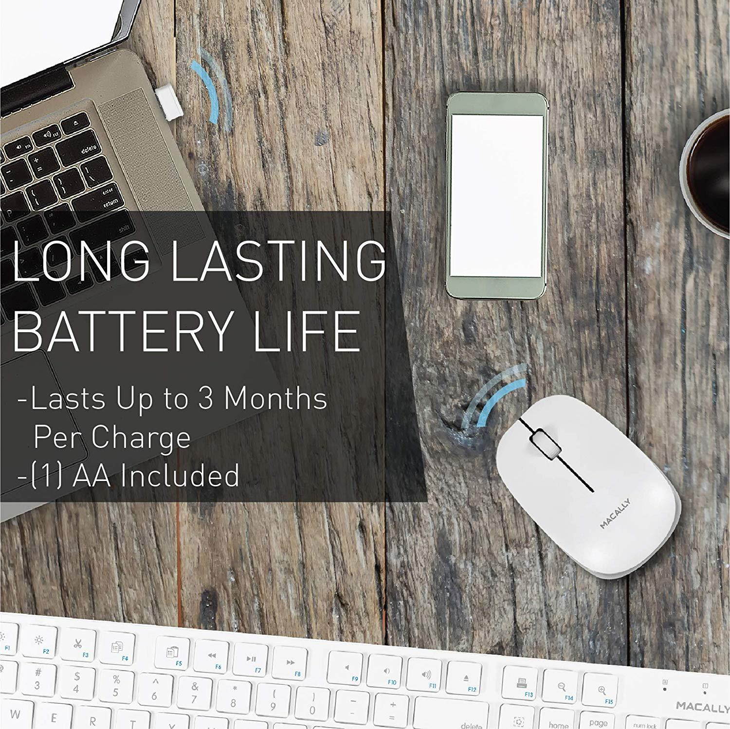 Macally 2.4G Wireless Mouse (Optical) with USB Cordless Mice Receiver - Long Range & Portable - Works with Mac Mini/Apple MacBook Pro/Air or Windows PC Notebook Laptops & Desktop Computers - White