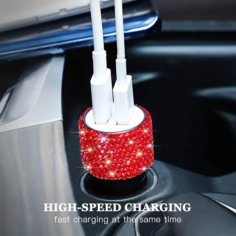 Dual USB Car Charger Car Adapter Bling Bling Rhinestones Crystal Car Decorations for Fast Charging Car Decors for iPhone Xs Max X Plus iPad ProMini Samsung
