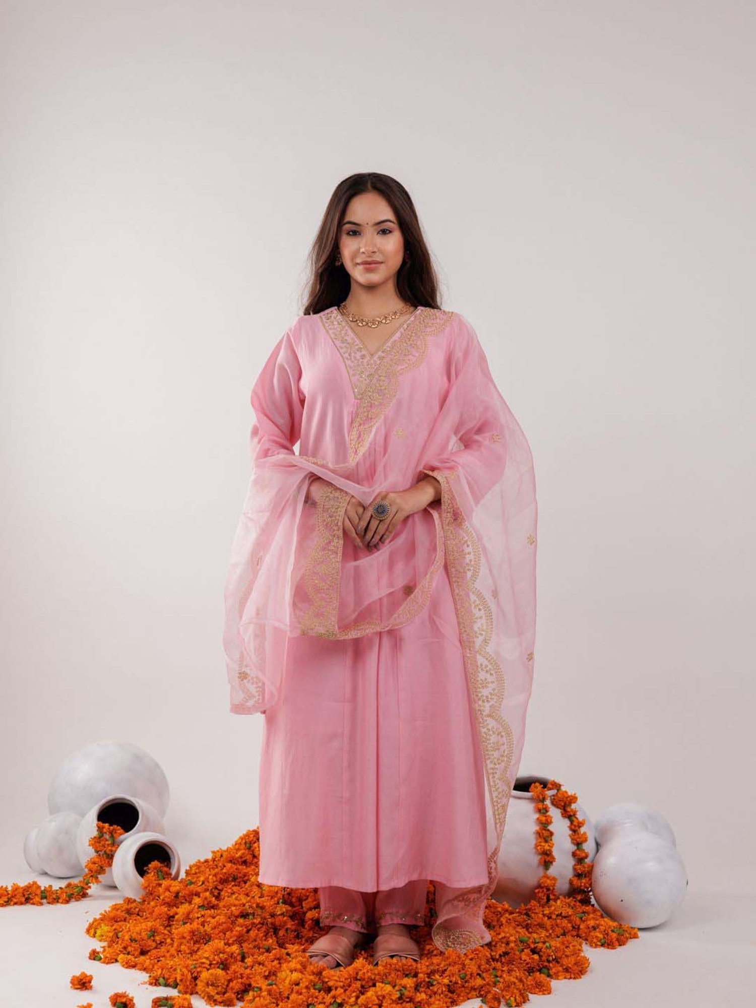 Yufta Pink Embroidered Kurta Pant Set With Dupatta