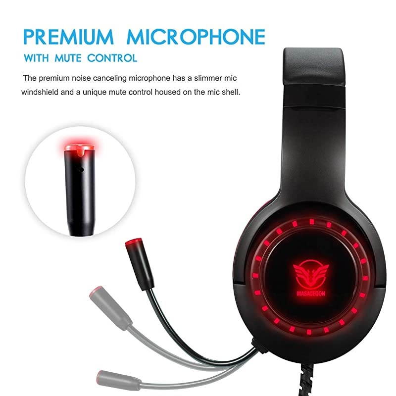 Gaming Headset for PS4 Xbox One PC with Noise Cancelling Microphone Stereo Surround Sound Headphone with LED Light Intense Bass for Computer Laptop Mac Black Red