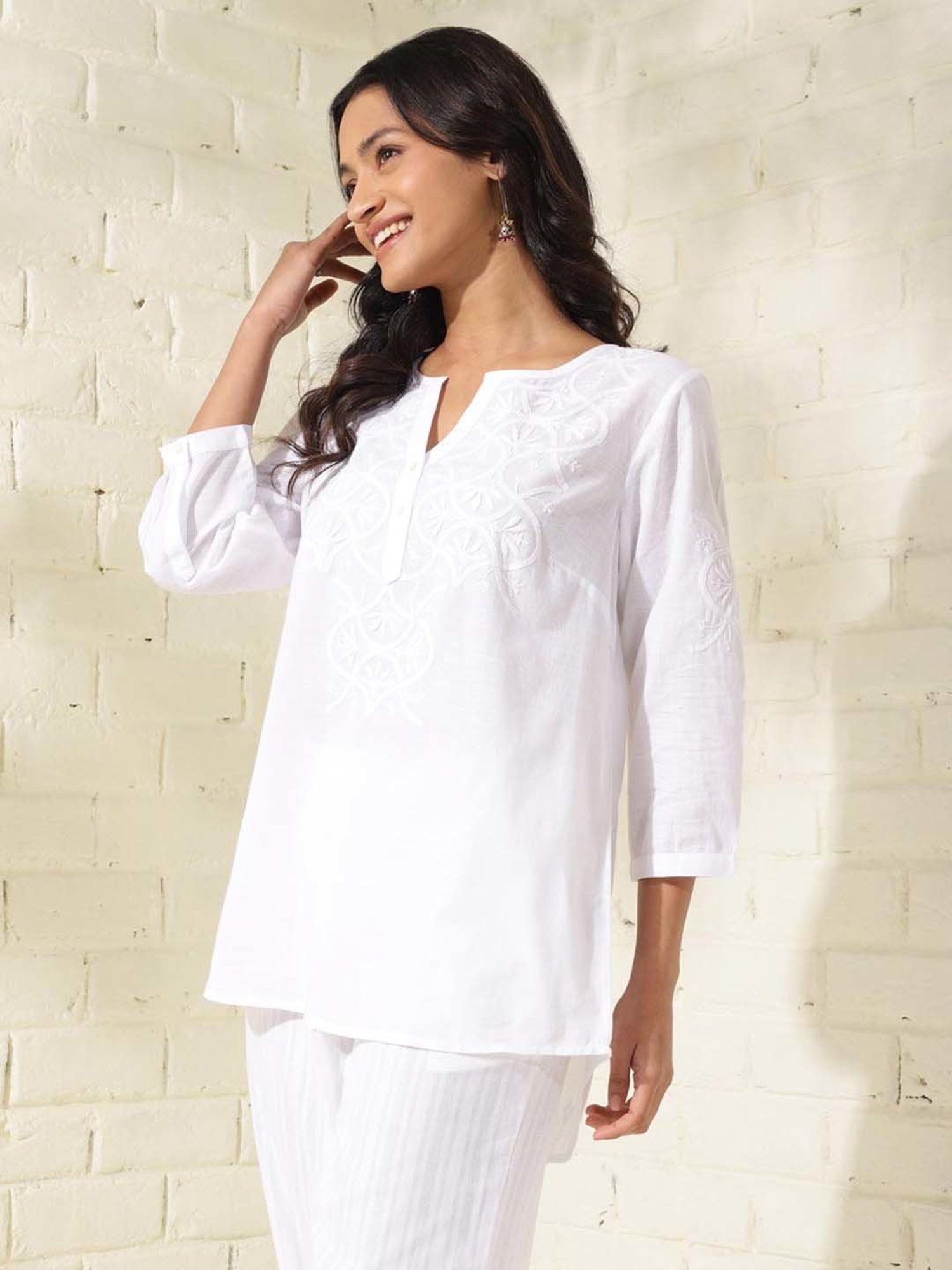 Fabindia White Cotton Embroidered Tunic