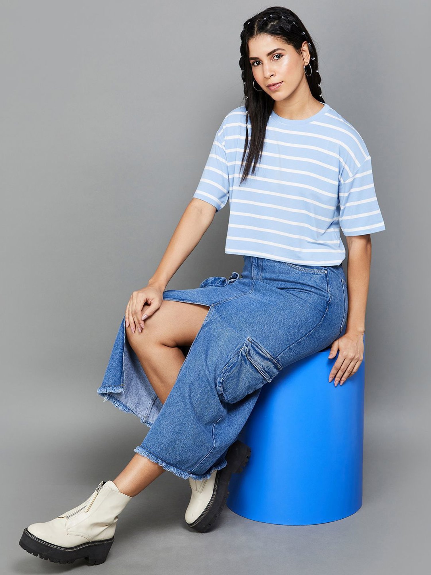 Ginger by Lifestyle Blue Striped Crop Top