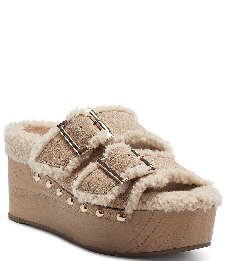Jessica Simpson Cyriss Suede Faux Shearling Studded Buckle Wedges