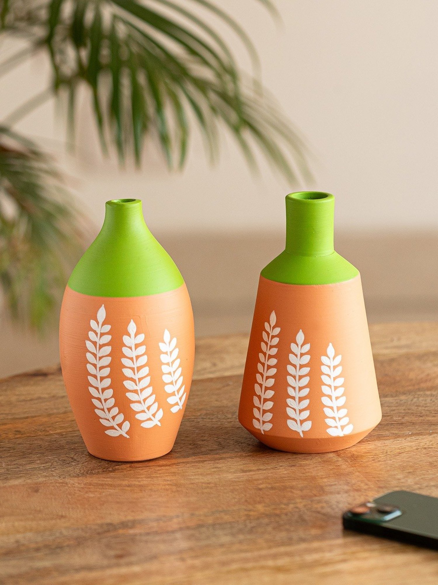 ExclusiveLane Floral Harmony Printed Green & Brown Terracotta Decorative Vases - Set of 2