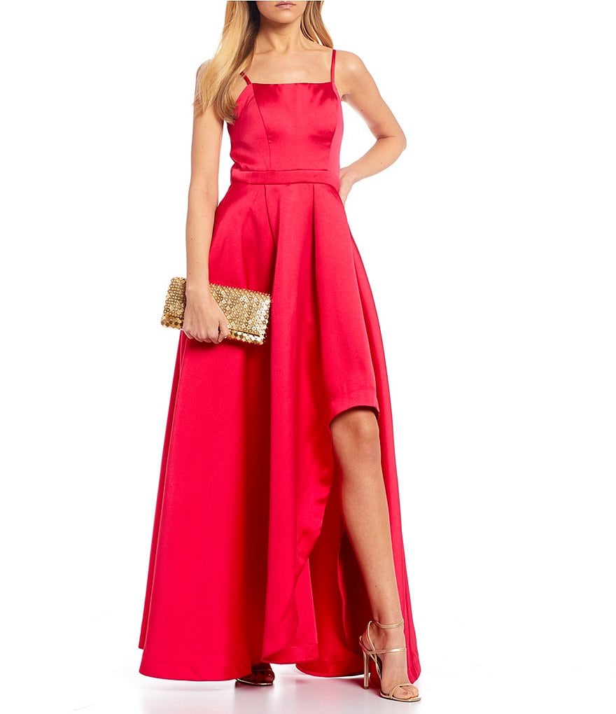 Sequin Hearts Spaghetti Strap High-Low Side Slit Long Satin Dress