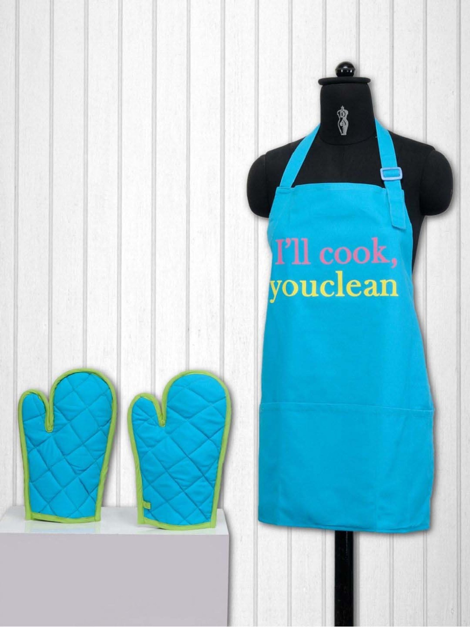 Swayam Turquoise Kitchen Apron with Oven Gloves - Set of 1