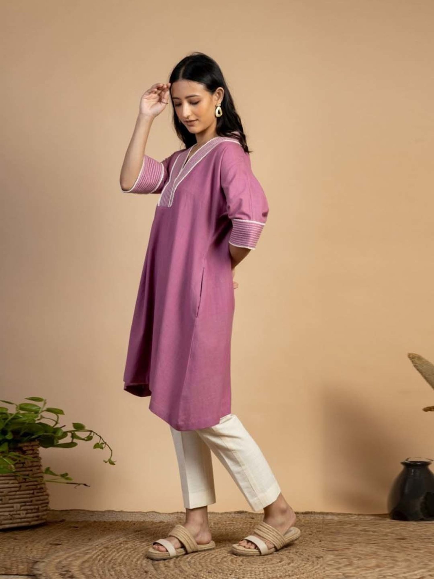 Mushio Magenta Pink Kriti Hand Woven Kaftan Style Kurta