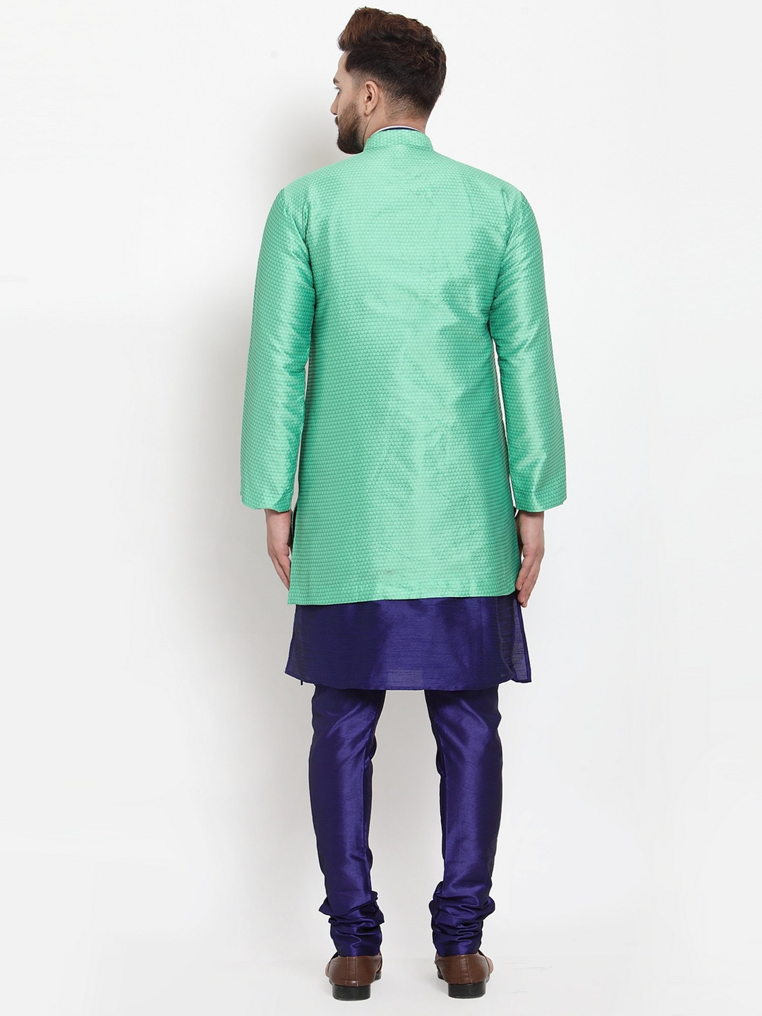Benstoke Royal Blue & Green Regular Fit Self Pattern Kurta Set With Jacket