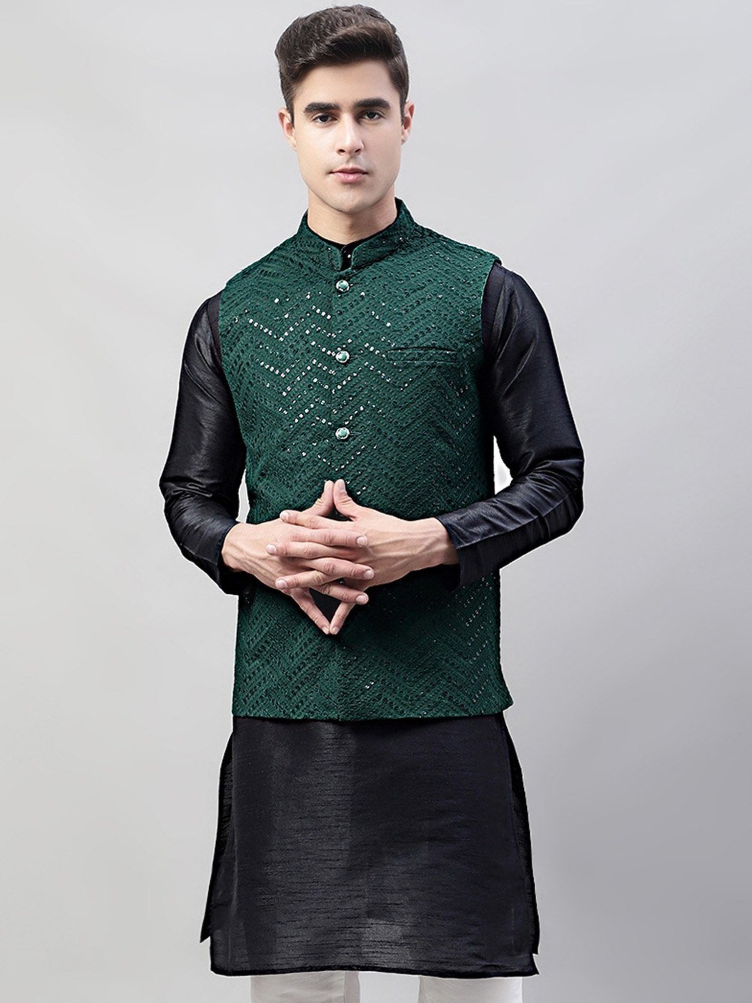 Jompers Olive Regular Fit Embroidered Nehru Jacket