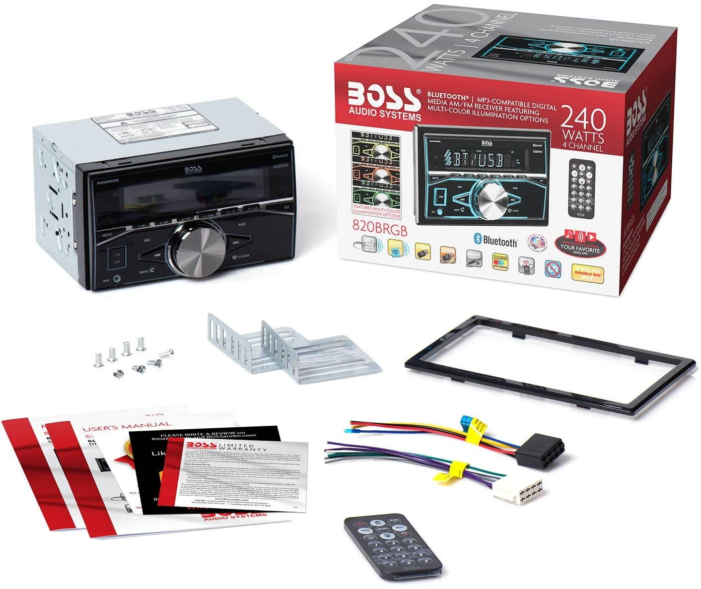 BOSS AUDIO 820BRGB Double-DIN In-Dash Mechless AM/FM Receiver with Bluetooth(R)