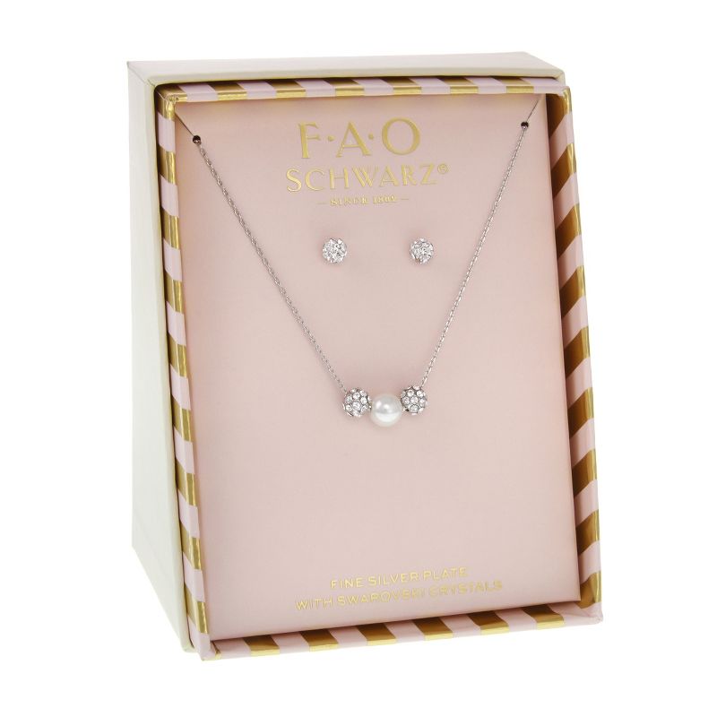 FAO Schwarz Fine Silver Plated Fireball and Simulated Pearl Necklace and Stud Earring Set