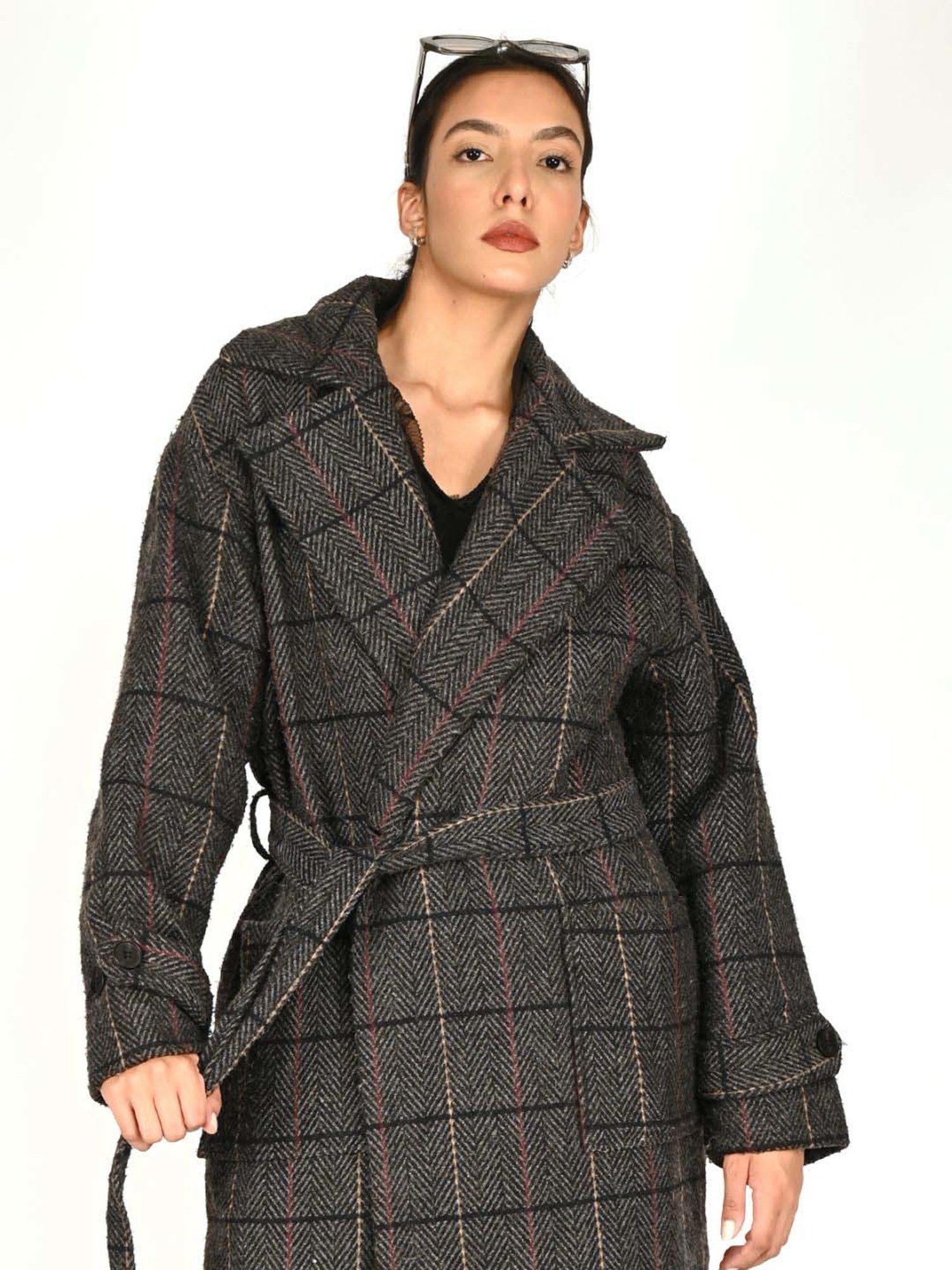 Odette Grey Self Pattern Jacket With Belt