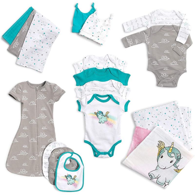 JumpOff Jo - Layette Gift Set 17-Piece Newborn Baby Clothes Pack, 0-3 Months - Unicorn Turquoise