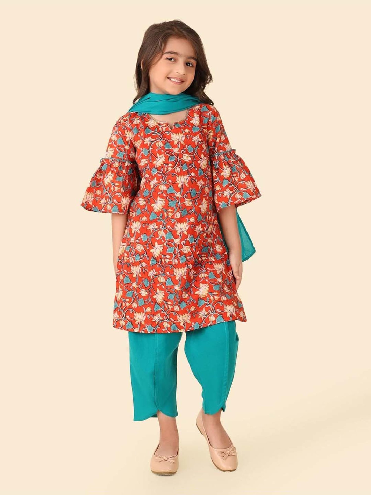Fabindia Girls Rust & Blue Cotton Printed Salwar Set