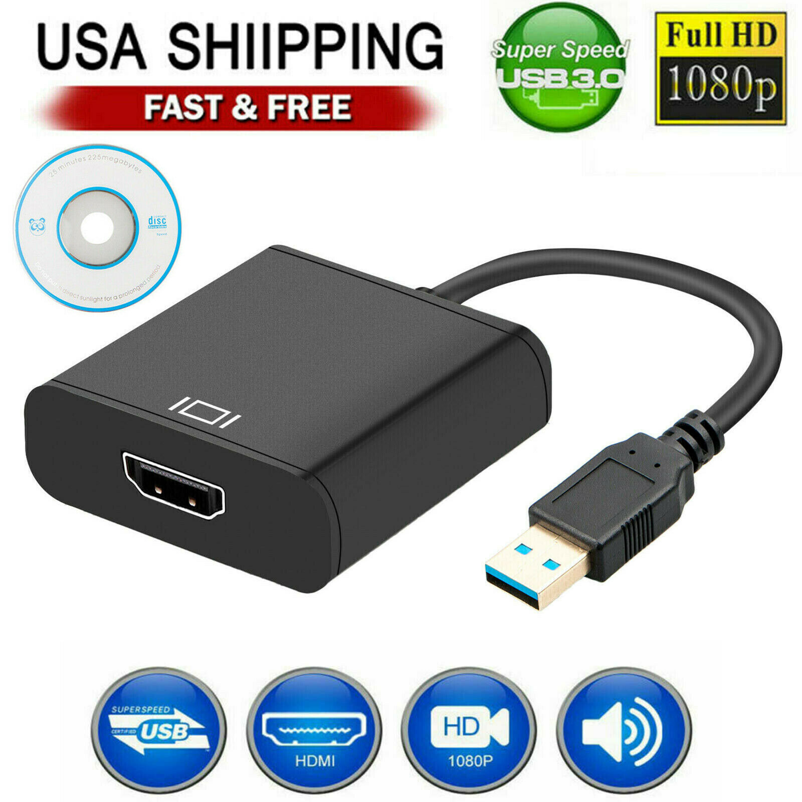 USB 3.0 to HDMI HD 1080P Video Cable Adapter Converter For PC Laptop HDTV LCD TV