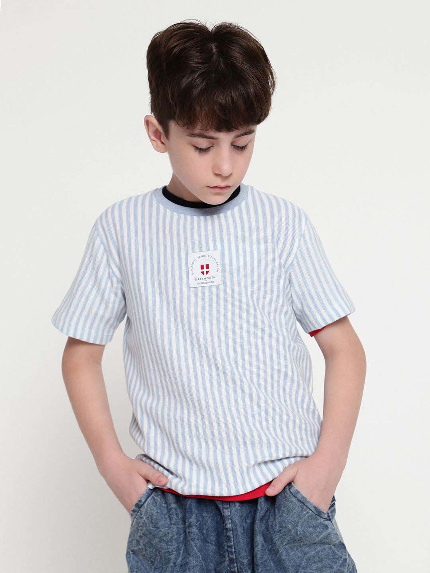 Octave Kids Sky Melange Cotton Striped T-Shirt