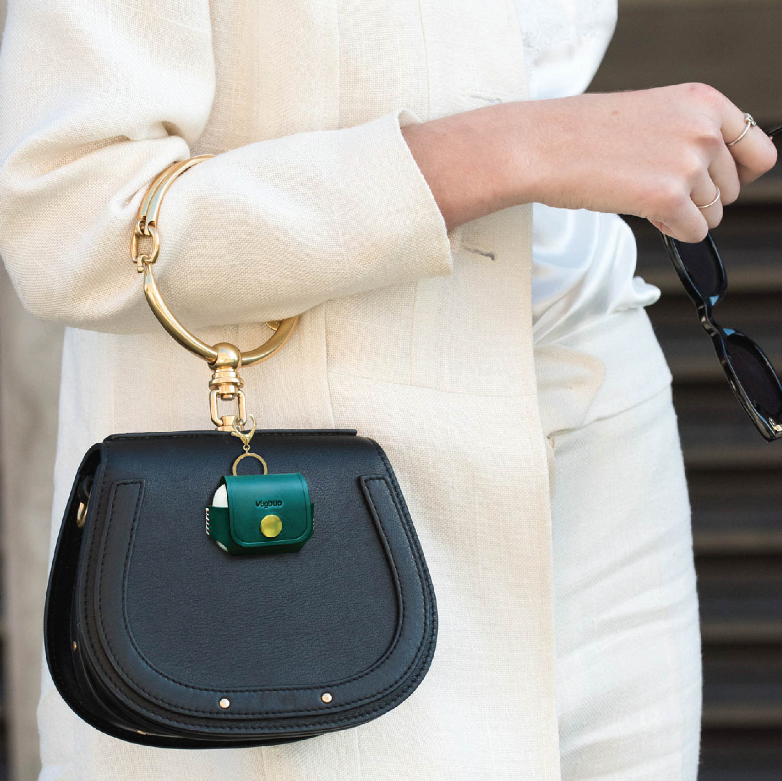 VogDUO- Italian Genuine Leather Case for AirPods Pro, portable carry case, Lightning port slot design, premium metal hook for the bag, keychain or jeans, YKK button applied- Emerald