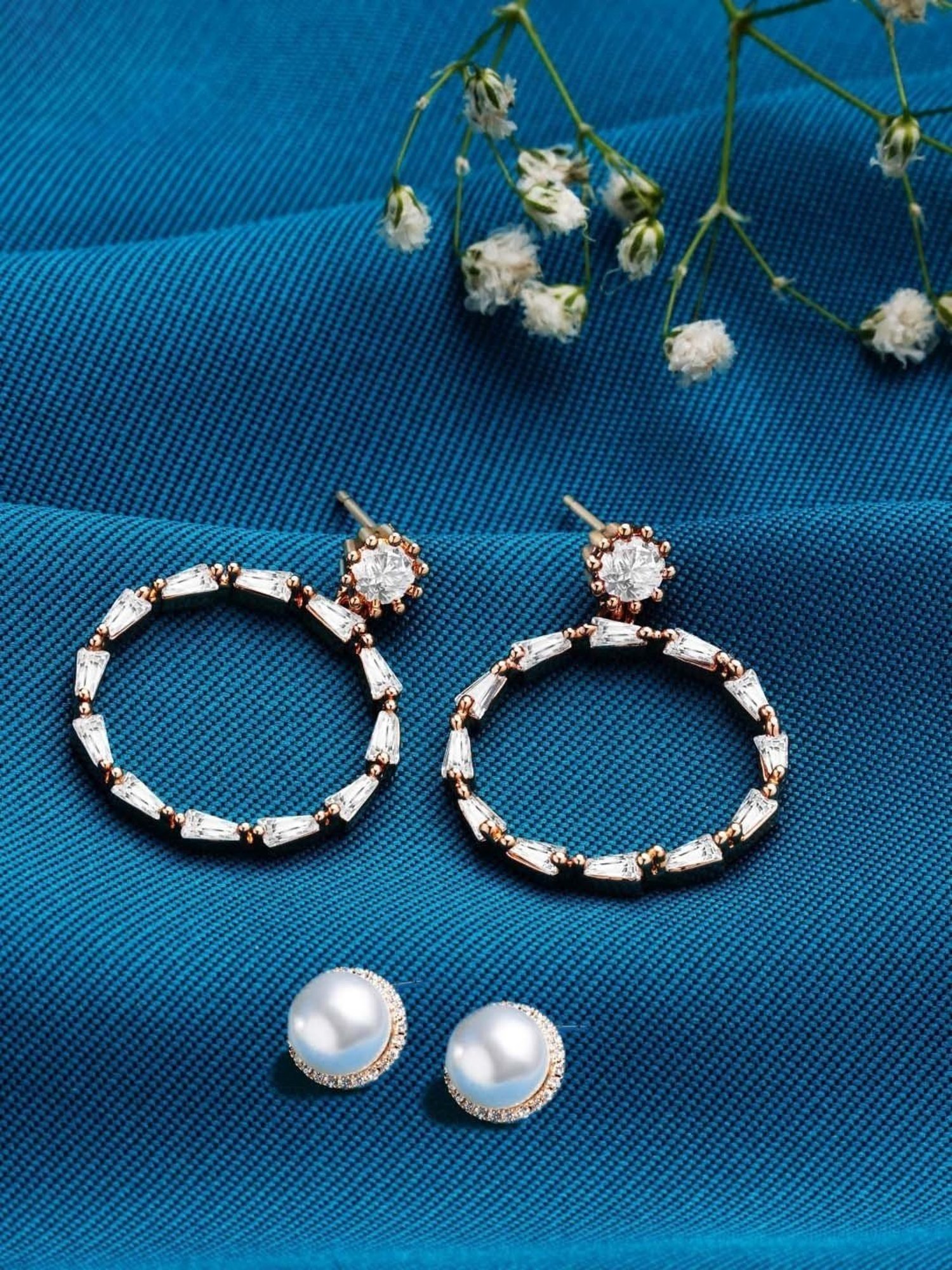 Zaveri Pearls Set of 2 Rose Gold Cubic Zirconia Contemporary Drop Earrings - ZPFK13449