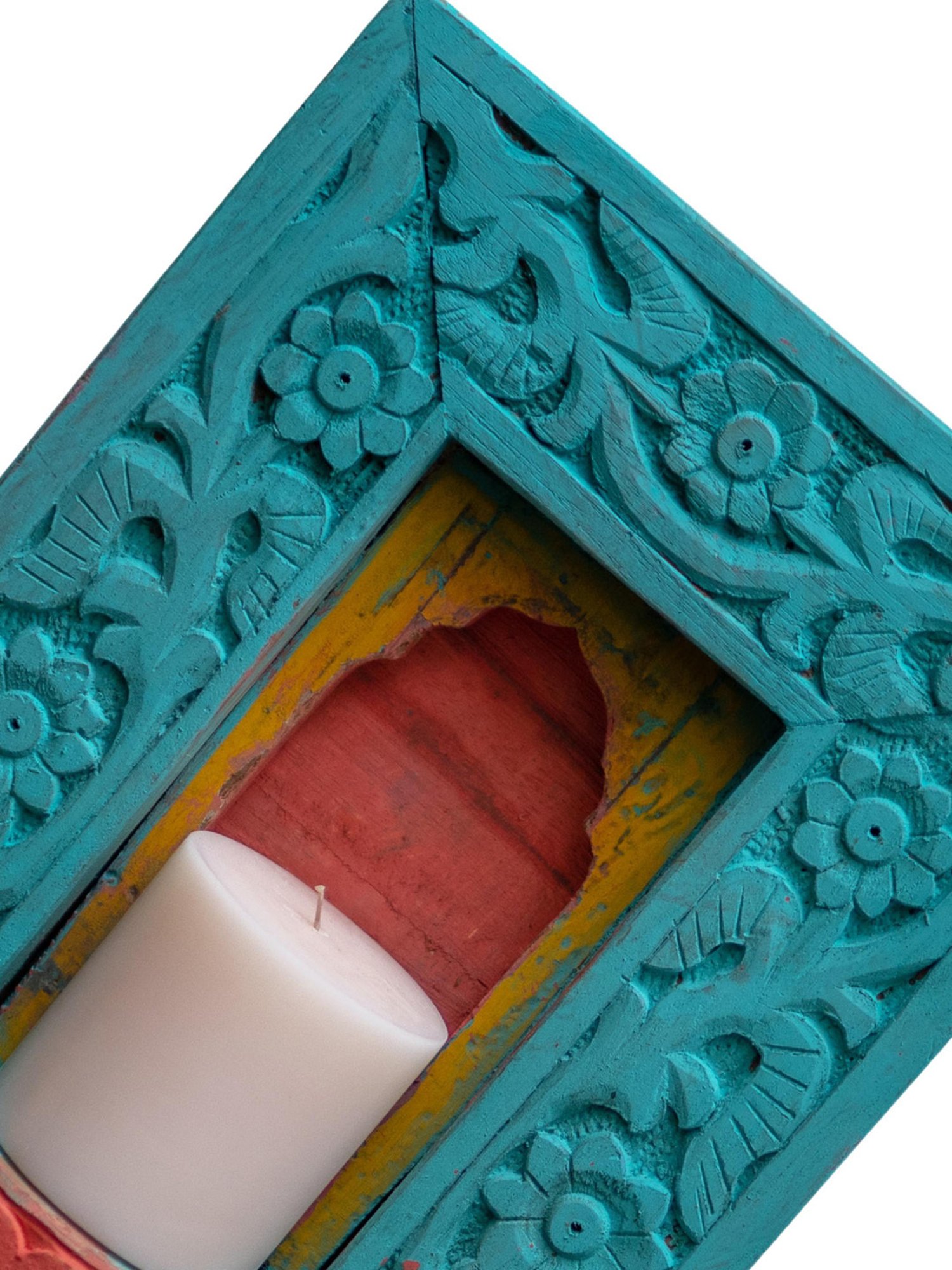 Ambi Wooden Medium Jharoka With Candle Space In Cyan