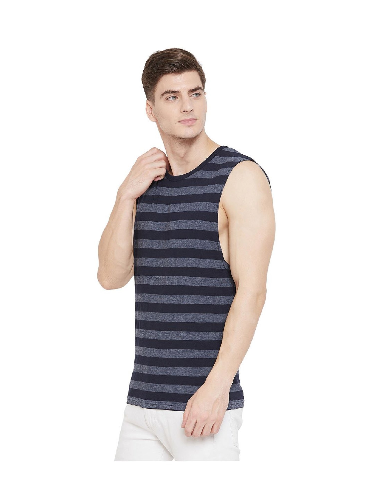 Hypernation Blue & Grey Stripes Cotton T-Shirt