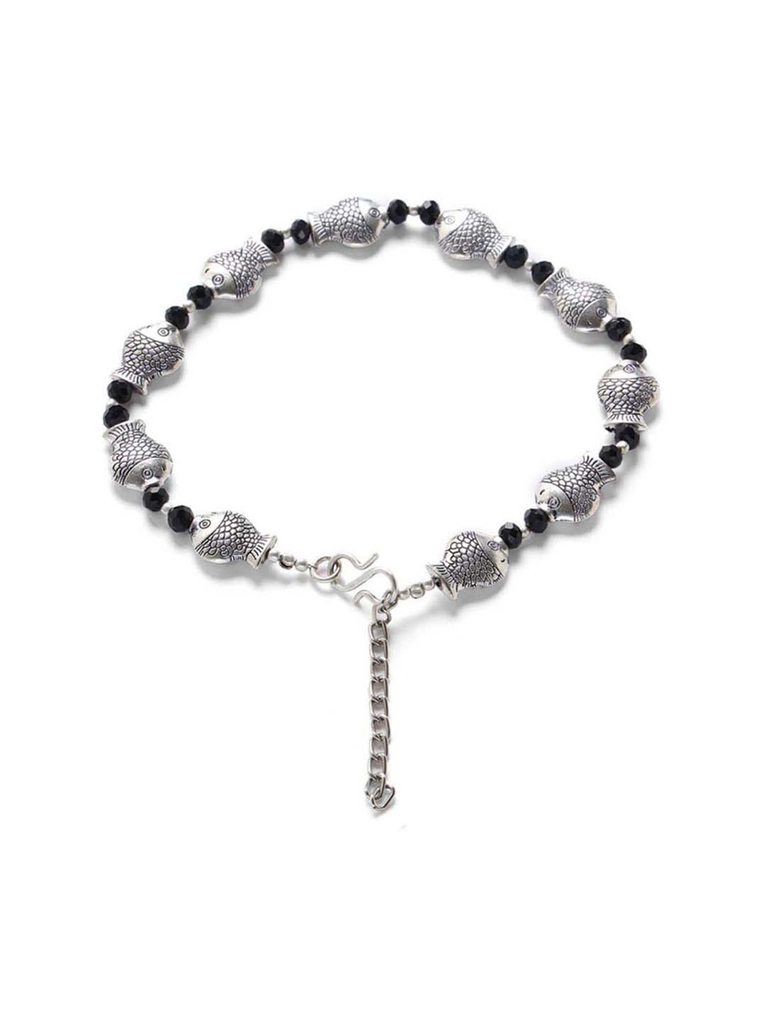 Aatmana Silver-Plated & Black Beaded Handcrafted Fish Anklets - Set of 2
