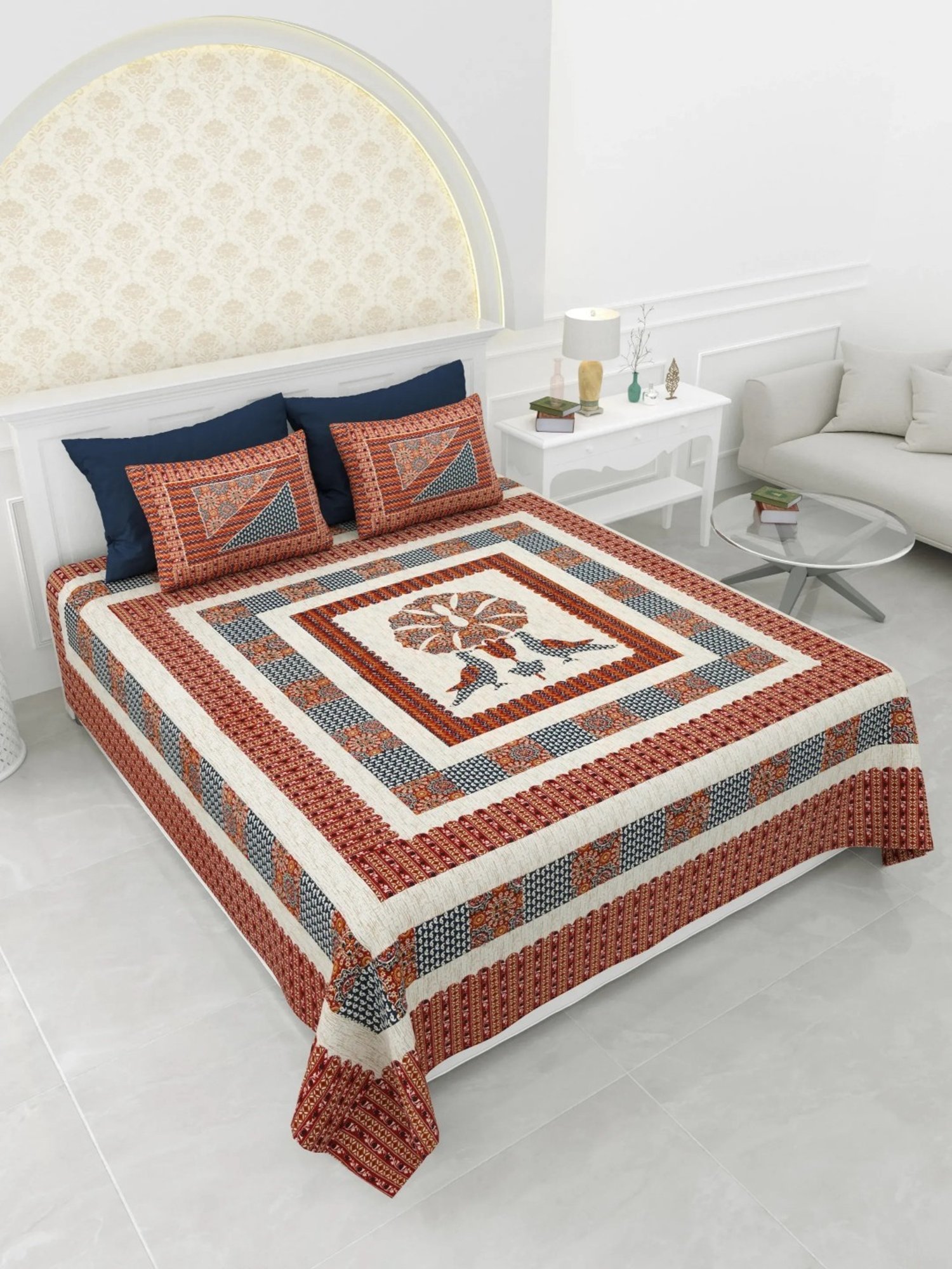 Living Roots Printed Maroon 150 TC Cotton Bedsheet with 2 Pillow Covers