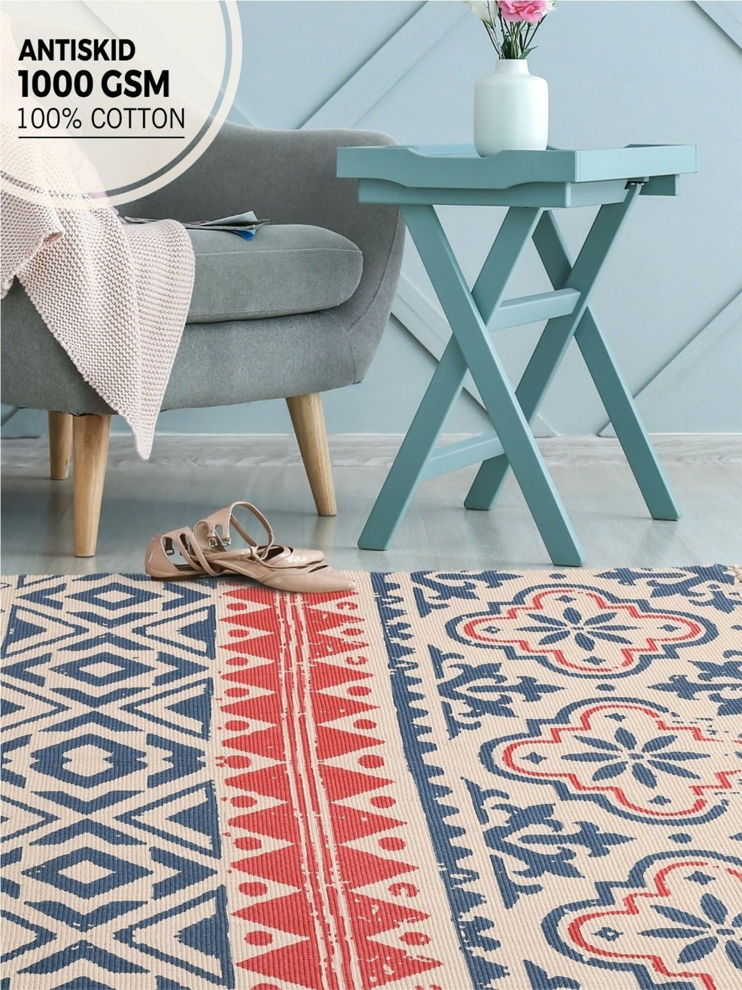 Urban Space Anti Skid Embossed Multicolor Cotton Area Rug