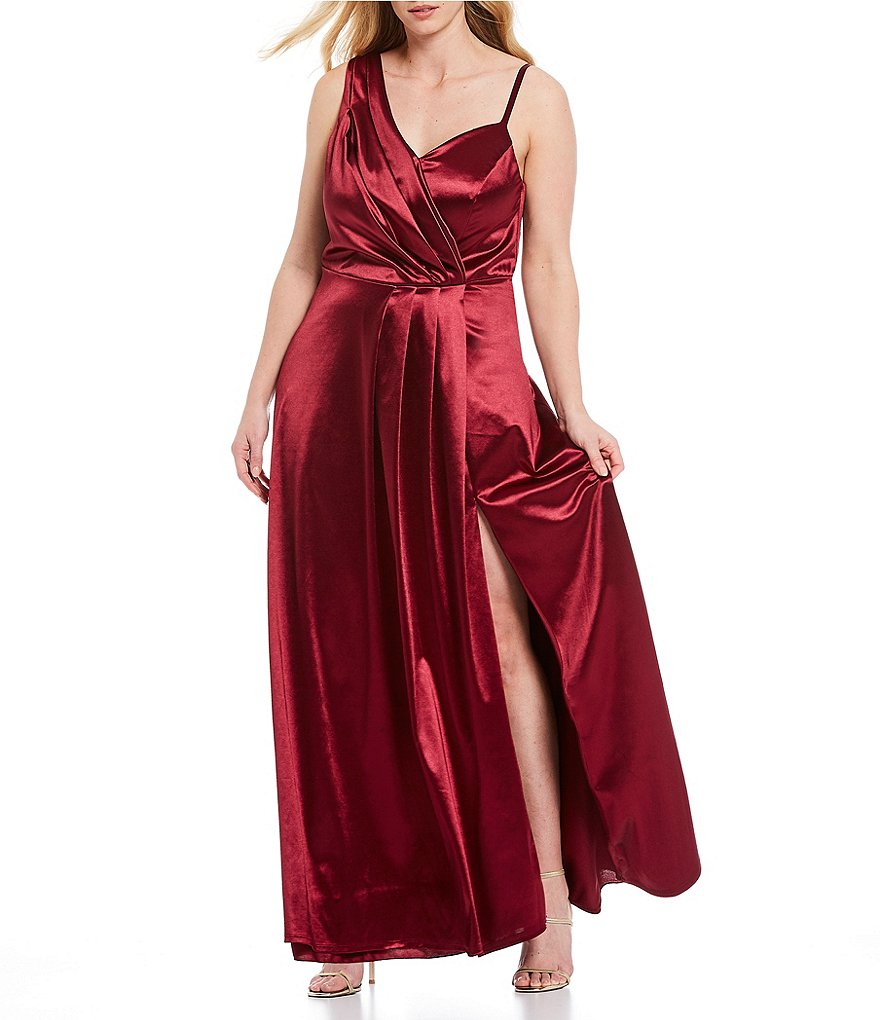 Teeze Me Plus One-Shoulder Wrap Bodice High Side Slit Satin Long Dress