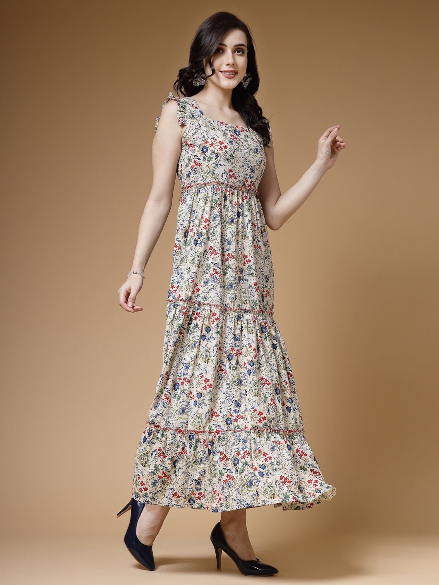 Indibelle Beige Cotton Floral Ethnic Dress