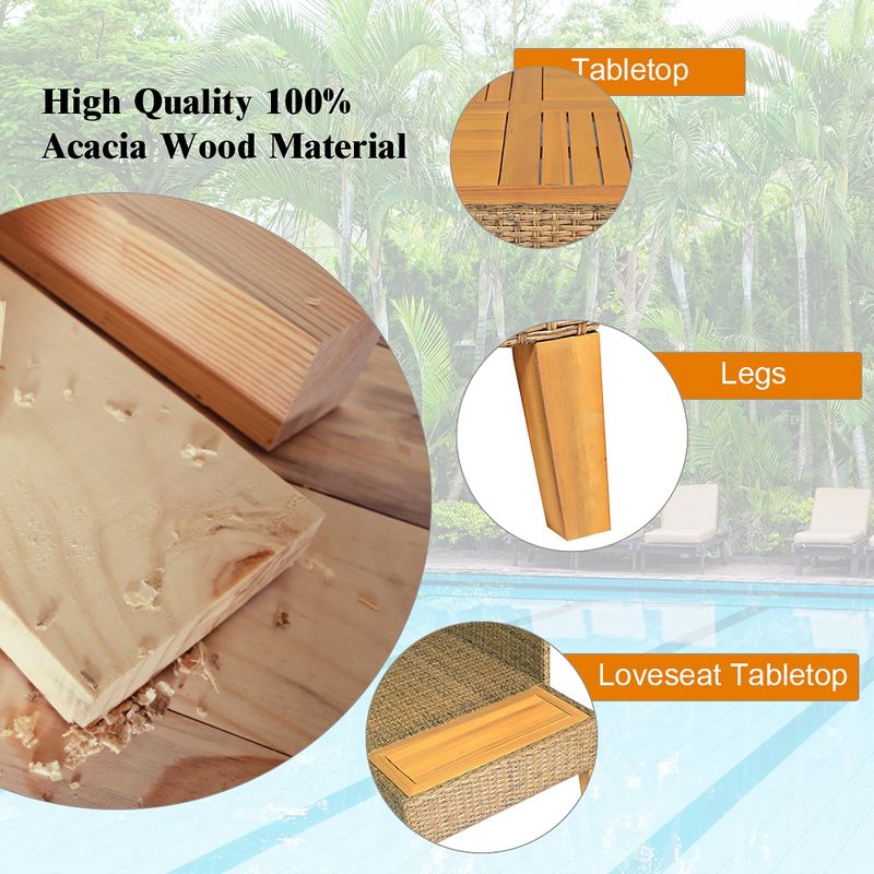 Costway 8PCS Patio Rattan Furniture Set Loveseat w/Wooden Side Table Cushioned Turquoise