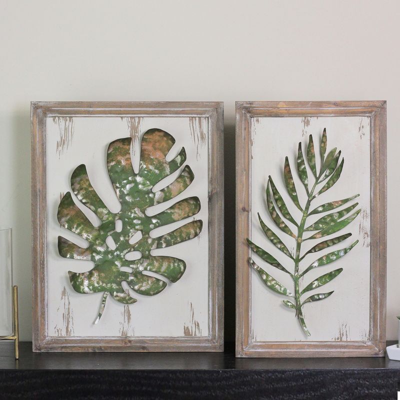 Melrose Set of 2 Rustic and Distressed Forest Green Leaf Framed Wall Plaques 19"