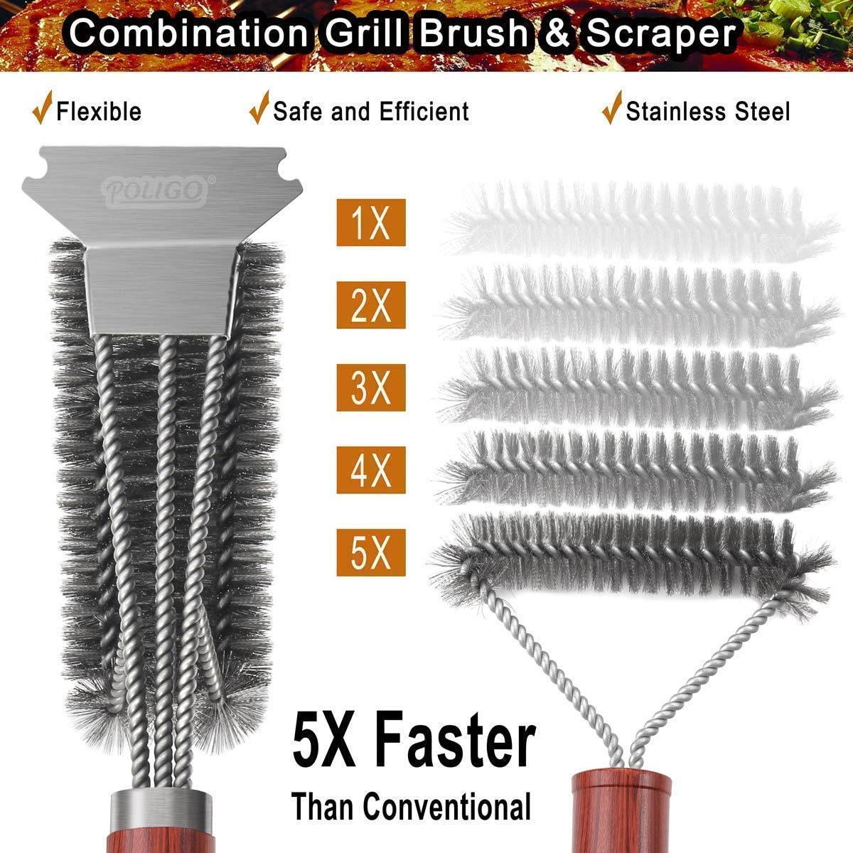 POLIGO 7PCS Golf-Club Style Grill Tools Kit with Storage Bag Bundle with 18" Safe Wire Grill Brush and Scraper for All Barbecue Grills - Ideal Grilling Gifts for Men Women on Birthday Christmas