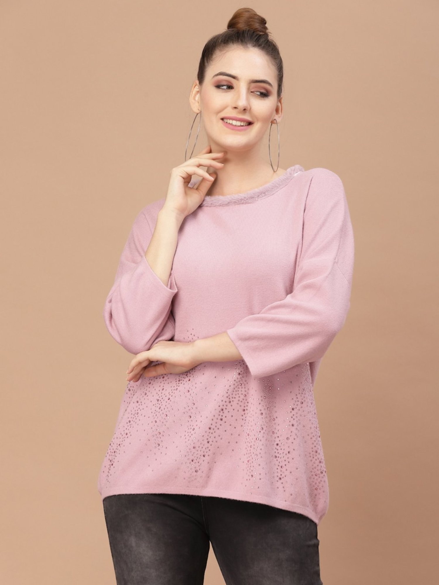 Mafadeny Pink Embellished Sweater