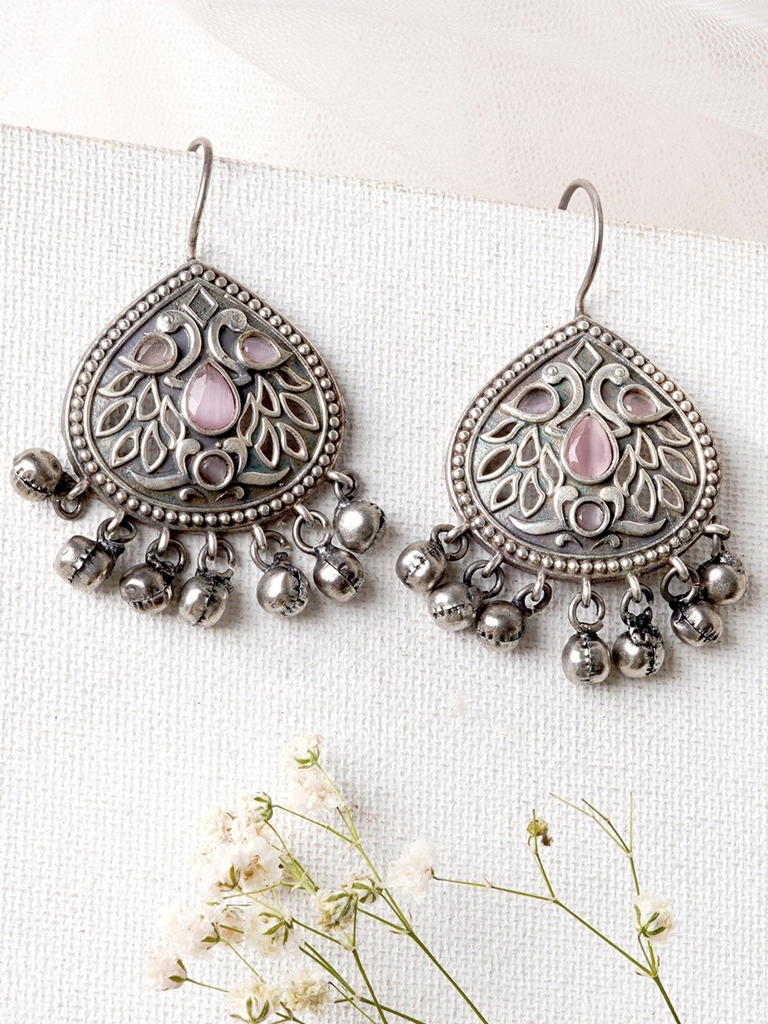 Teejh Ethnic Vanya Silver Oxidized Pink Dangler Earrings