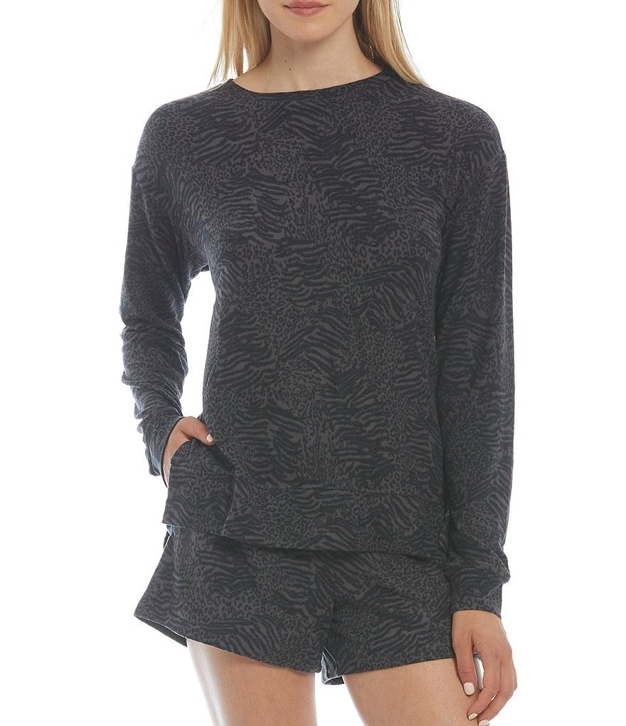 Jasmine & Ginger Zebra Print Brushed Knit Crew Neck Long Sleeve Coordinating Sleep Top