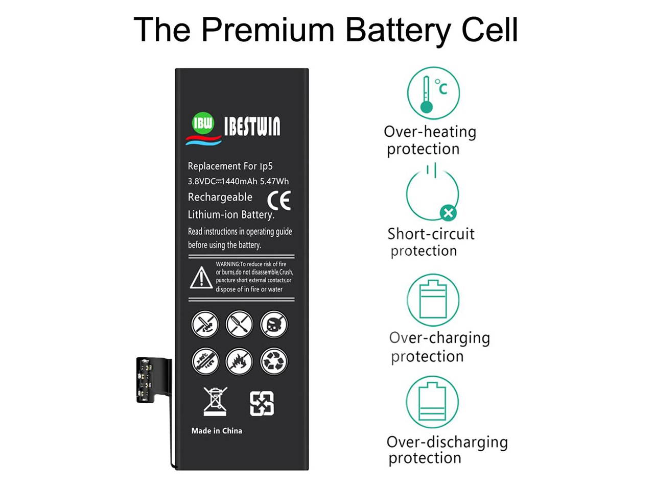 IBESTWIN 3.8V 1440mAh Replacement Battery for iPhone 5 A1428, A1429 and A1442 with Replacement Tool Kits, Adhesive Strip and Instruction(Not for iPhone 5S or 5C)-3 Years Warranty