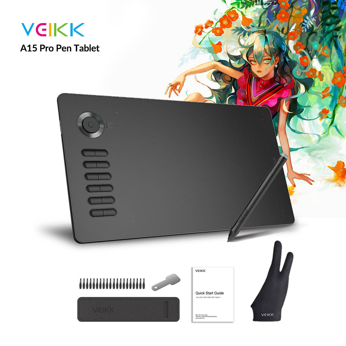 VEIKK A15 Pro Graphics Drawing Tablet 10 x 6 inch Digital Drawing Tablet with 12 Hotkeys and a Quick Dial (8192 Level Pressure Battery -Free Stylus)