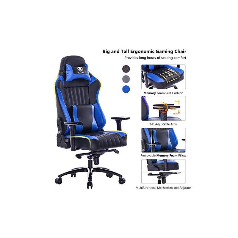 Memory Foam Gaming Chair, Adjustable Tilt Angle and 3D Arms Ergonomic High-Back Leather Racing Executive Computer Desk Office Metal Base, Blue