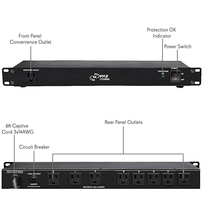 PDU Power Strip Surge Protector 150 Joule 15 Amp 9 Outlet Strips Surge Protector Heavy Duty Electric Extension Cord Strip 1U Rack Mount Protection Power Outlet Strip WAC Filter Pro PCO850 Black