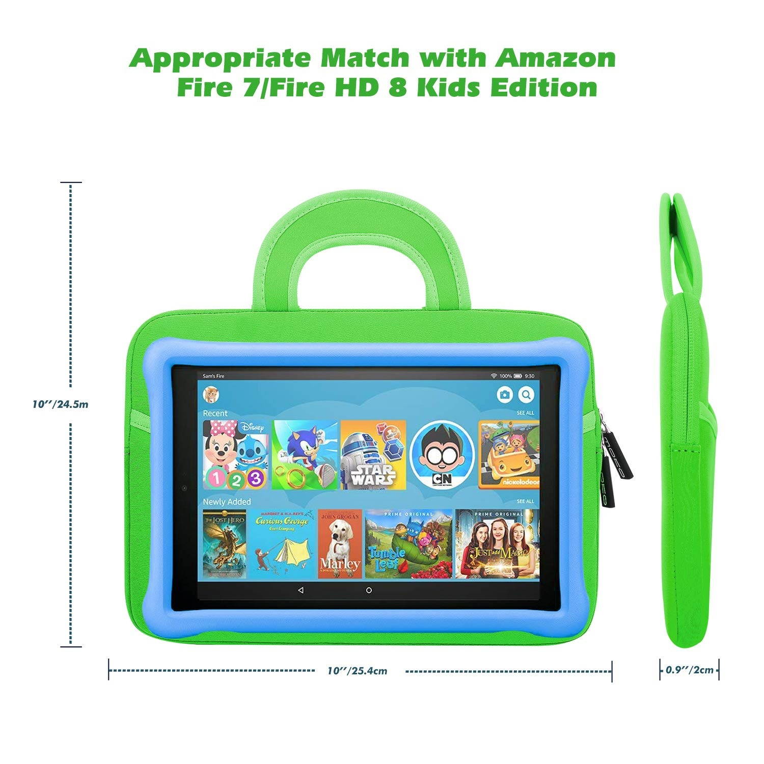 MoKo 7-8 Inch Kids Tablet Sleeve, Portable Neoprene Carrying Case Bag Fits Fire HD 8 Kids Edition 2018, Fire 7 Kids Edition, Fire HD 8 Plus/Fire HD 8 2020, Fire 7, Kindle E-Reader, Dinosaur Green
