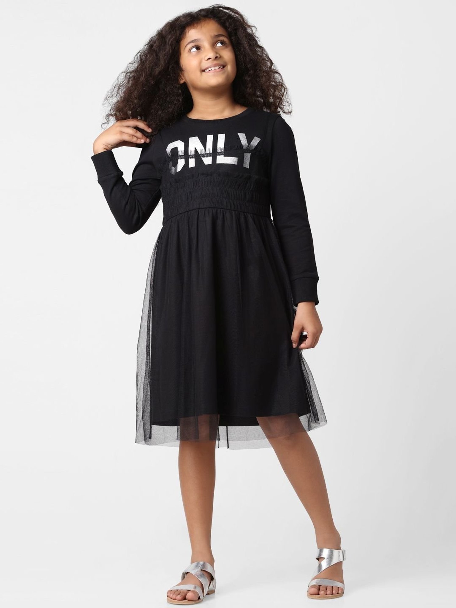 KIDS ONLY Anthracite Black Cotton Printed Full Sleeves Dress