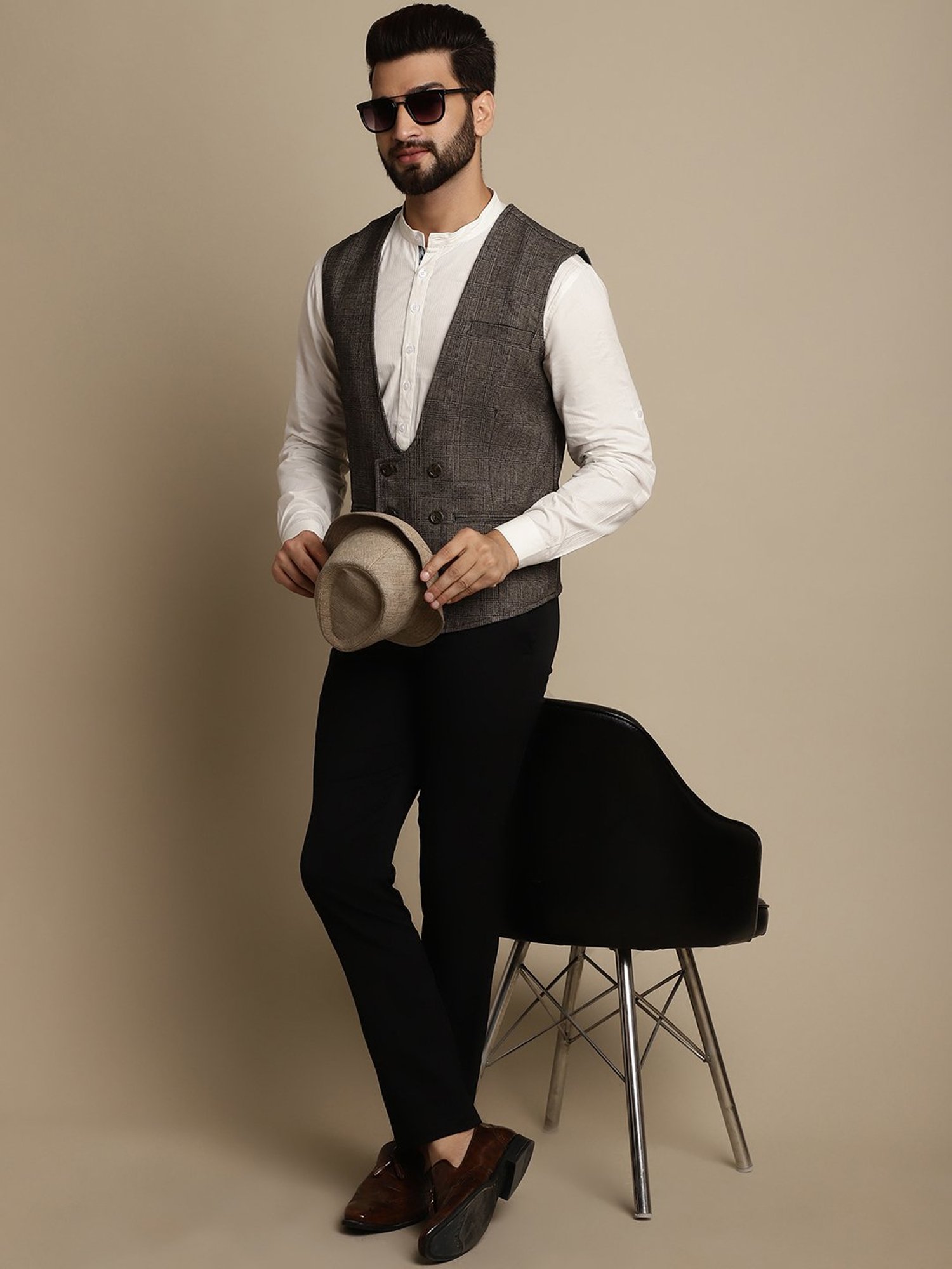 Even Brown Regular Fit V Neck Check Waistcoat
