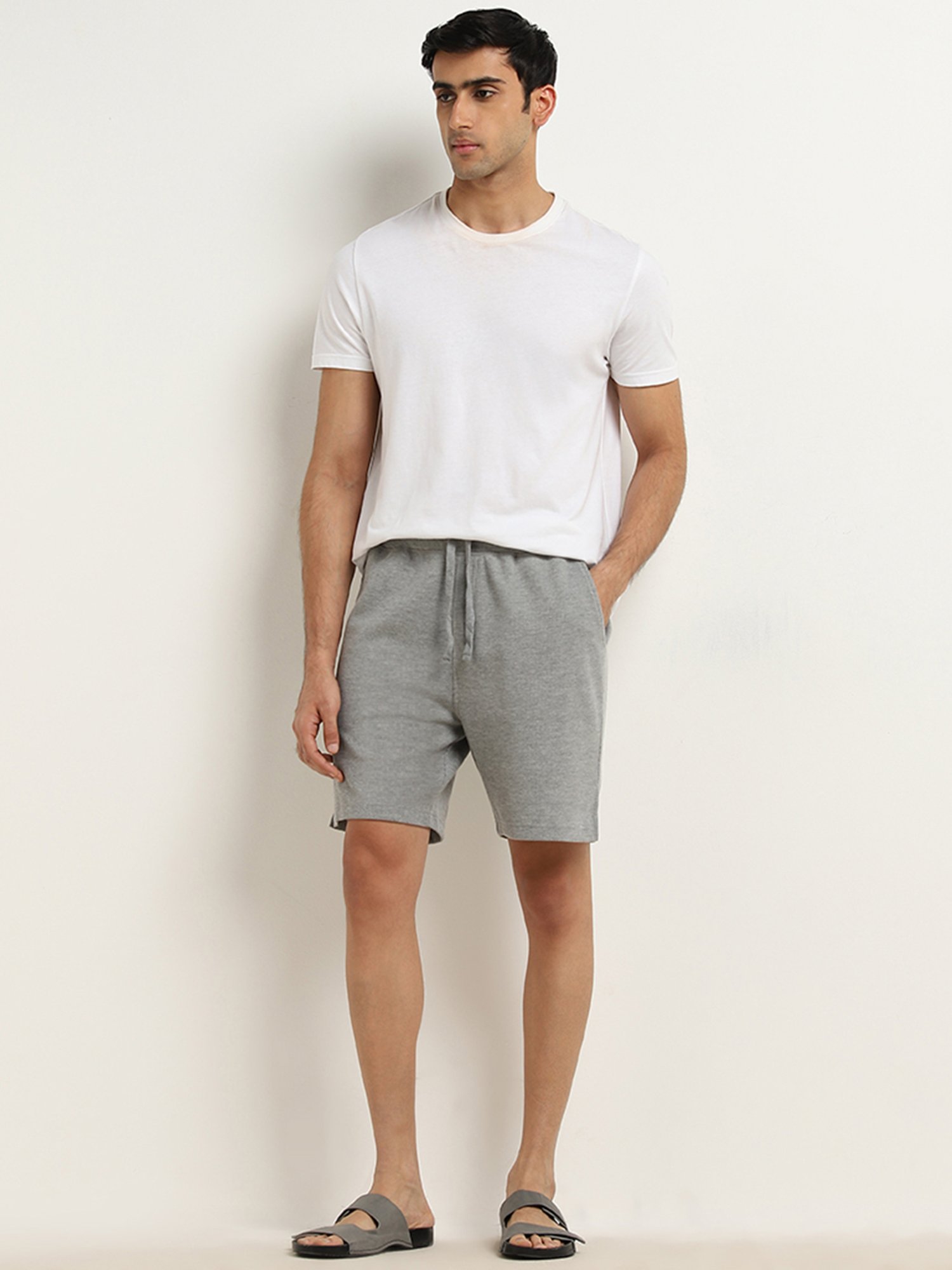 WES Lounge by Westside Grey Waffle Textured Relaxed-Fit Mid-Rise Shorts