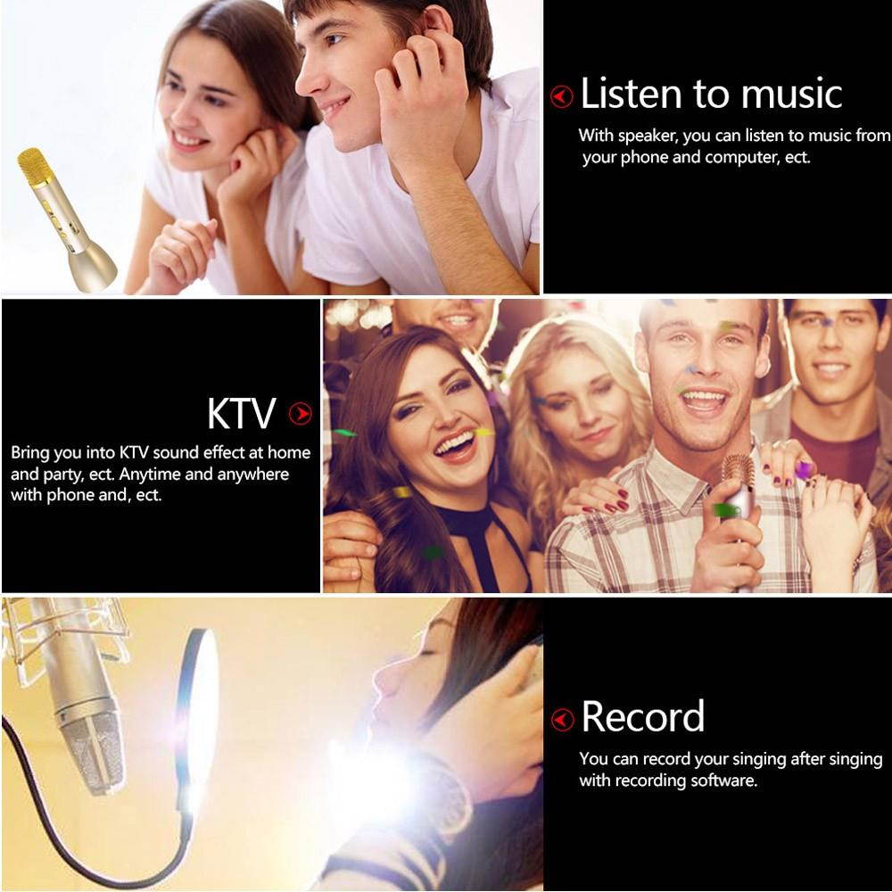 K088 Wireless Condenser Microphone Karaoke Player Recording Singing Microphone Bluetooth Speaker 2600mAh Power Bank for iPhone iPad Android Smart Phone PC Gold
