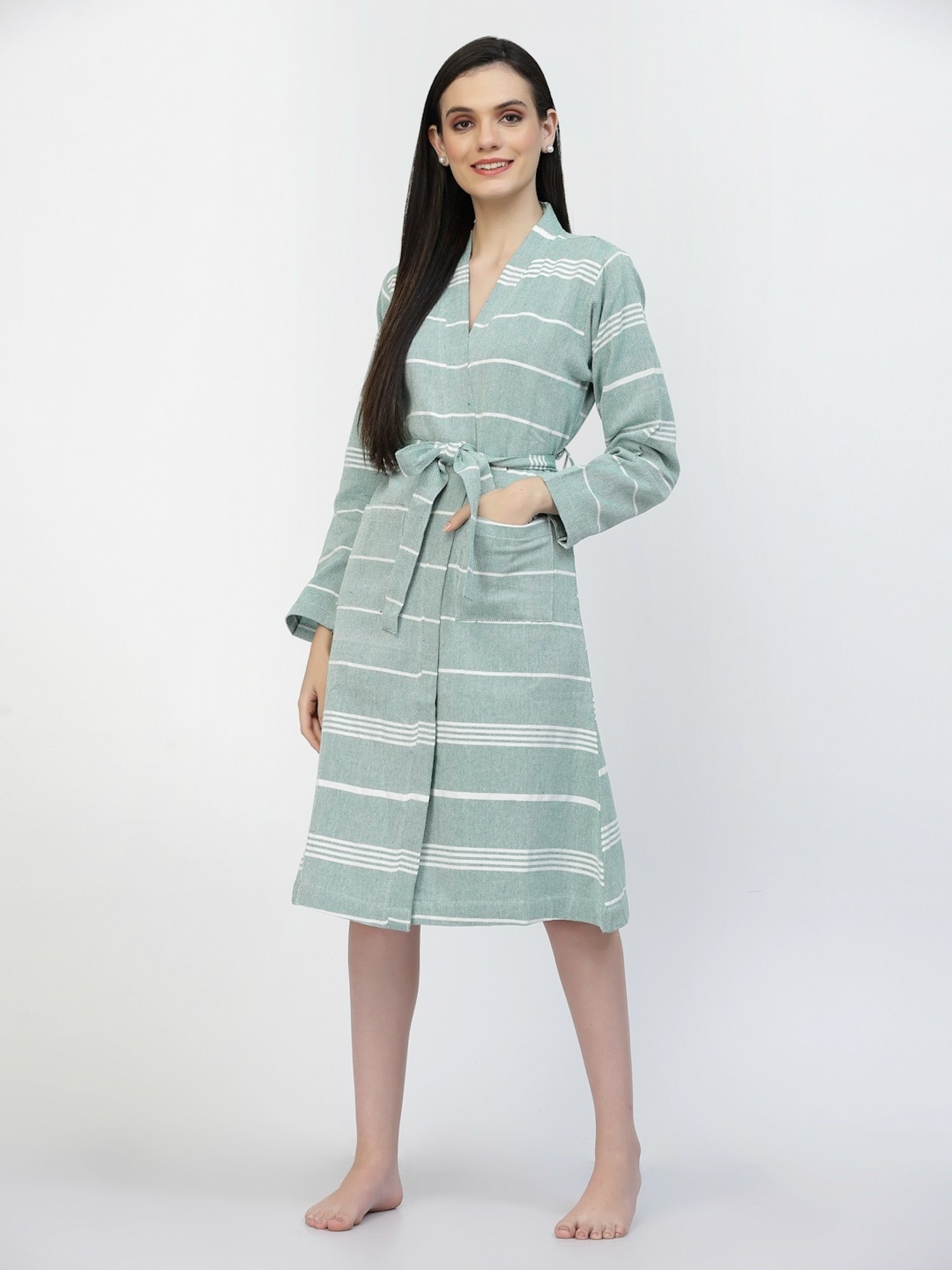 Klotthe Stripes Green 210 GSM Cotton Bath Robe with Belt