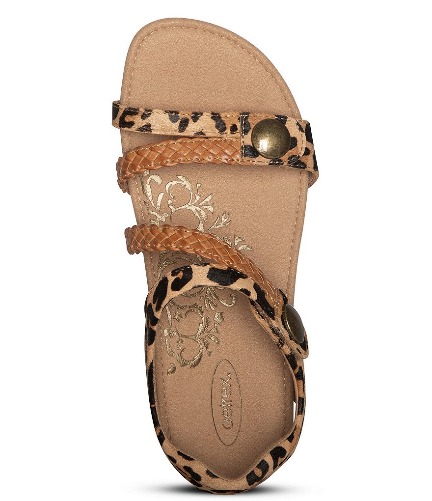 Aetrex Jillian Braided Quarter Strap Leopard Print Leather Cork Wedge Sandals