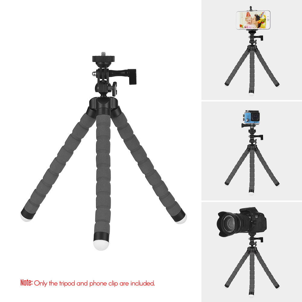 Flexible Sponge Octopus Tripod Stand Holder with Smartphone Clip 1/4 Inch Screw 360 Degree Rotation for iPhone Huawei Samsung GoPro Camera Video Camera