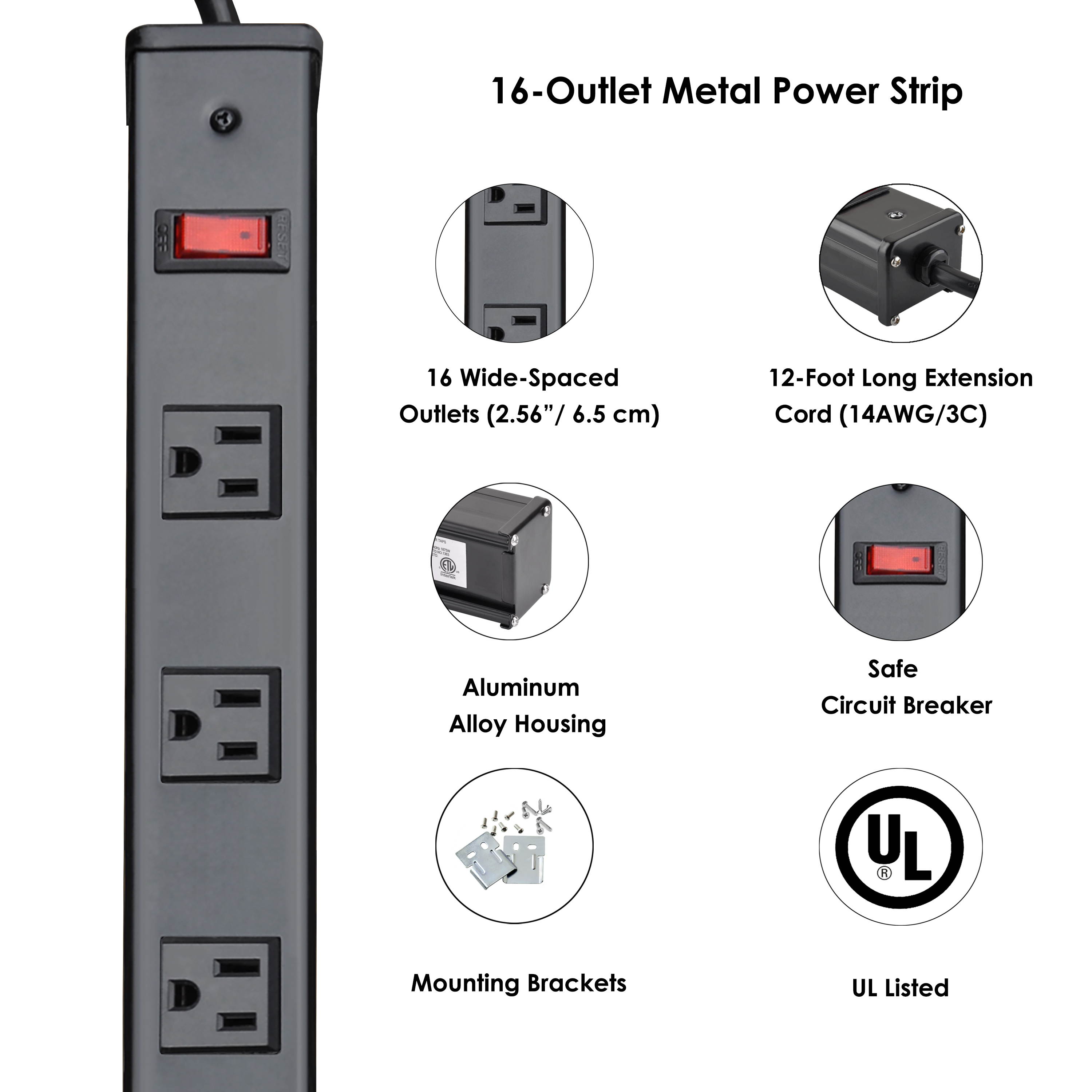 BESTTEN UL Listed 16-Outlet Heavy Duty Metal Power Strip, 12ft Long Extension Cord, 15A ON/Off Circuit Breaker, Mounting Brackets Included, Black