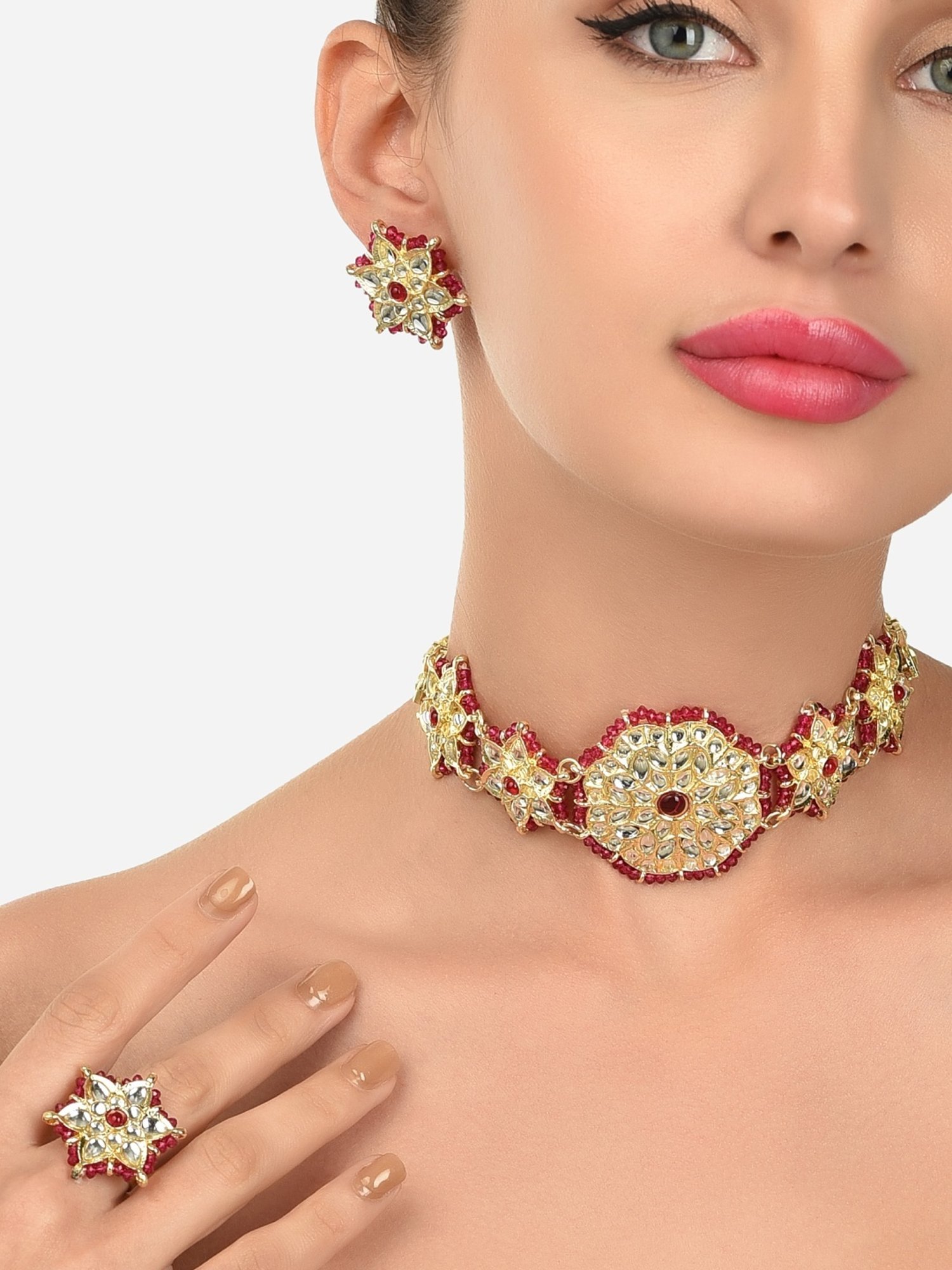 Zaveri Pearls Pink Crystal Beaded Ethnic Kundan Necklace, Earring & Ring Set
