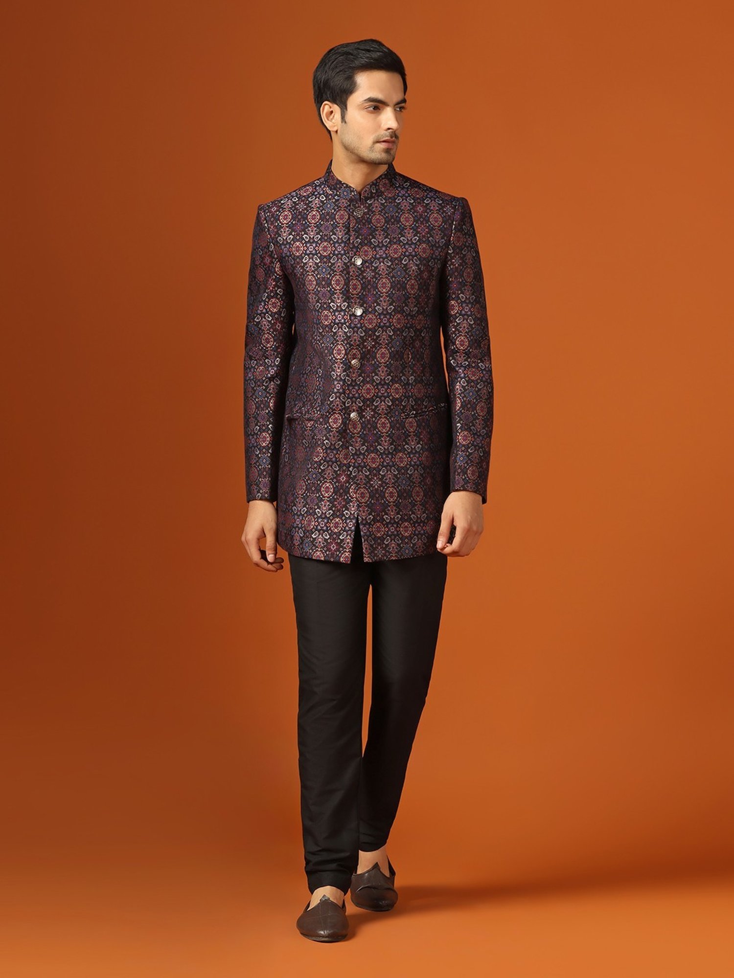 KISAH Black Regular Fit Self Pattern Sherwani Set